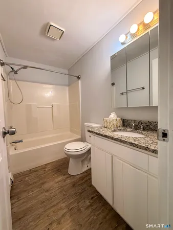 a bathroom with a granite countertop toilet sink and mirror