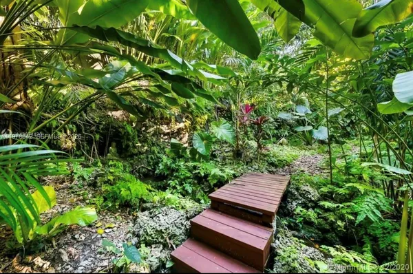 a view of a wooden bench in a garden