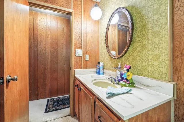 a bathroom with a sink vanity and a mirror