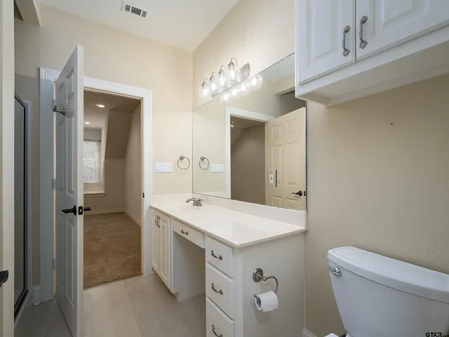 a bathroom with a sink a toilet and a mirror