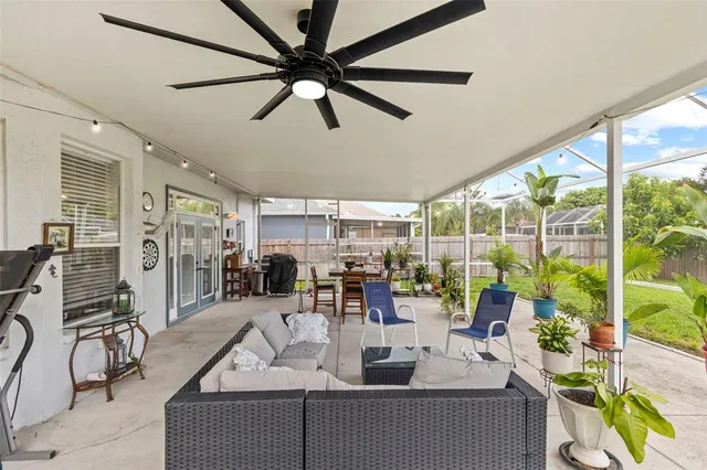 an aerial view of a house with a garden
