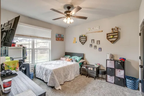 a bedroom with a bed and a desk
