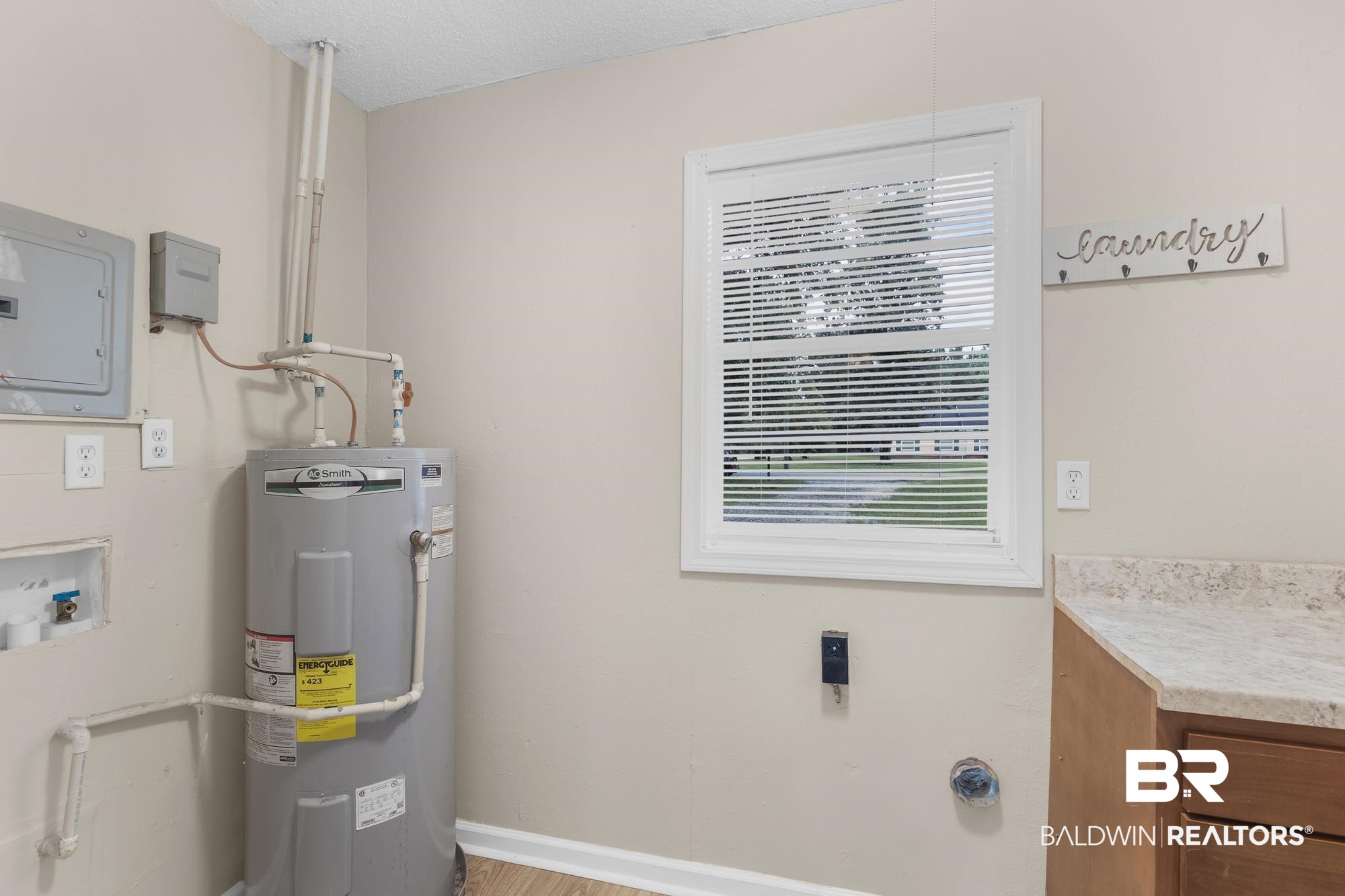1560 Military Road Mount Vernon, AL 36560 - Photo 25 of 26 Utility area featuring a water heater, electrical panel, and a single window with horizontal blinds