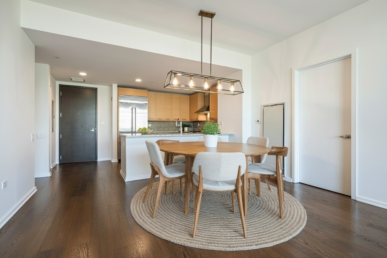 240 East Illinois Street, Unit 2204 Chicago, IL 60611 - Photo 13 of 50 a dining room with wooden floor a chandelier a glass table and chairs