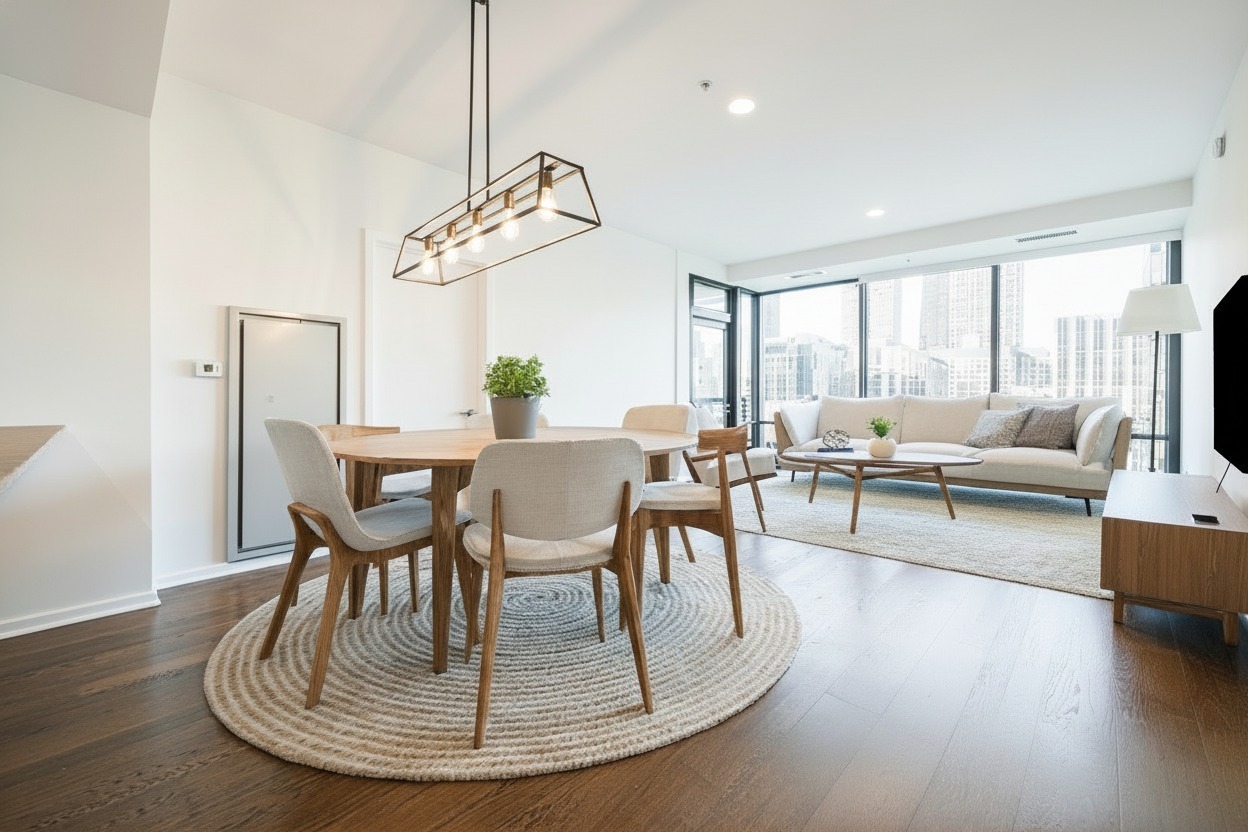 240 East Illinois Street, Unit 2204 Chicago, IL 60611 - Photo 15 of 50 a view of dining room and livingroom with furniture wooden floor a rug a fireplace and a chandelier