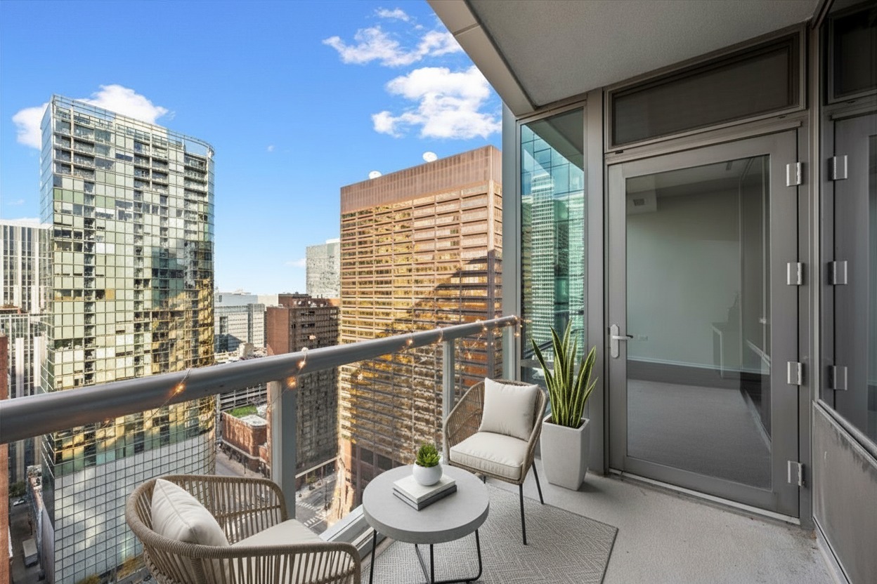 240 East Illinois Street, Unit 2204 Chicago, IL 60611 - Photo 38 of 50 a balcony with table and chairs