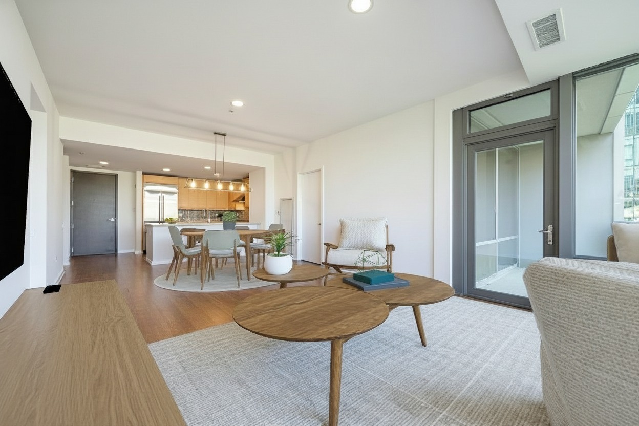 240 East Illinois Street, Unit 2204 Chicago, IL 60611 - Photo 6 of 50 a living room with furniture a flat screen tv and a table