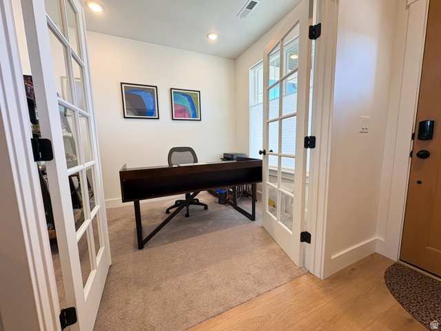 412 West 3025th Street South Logan, UT 84321 - Photo 14 of 34 Office space with french doors, light wood-style floors, and recessed lighting