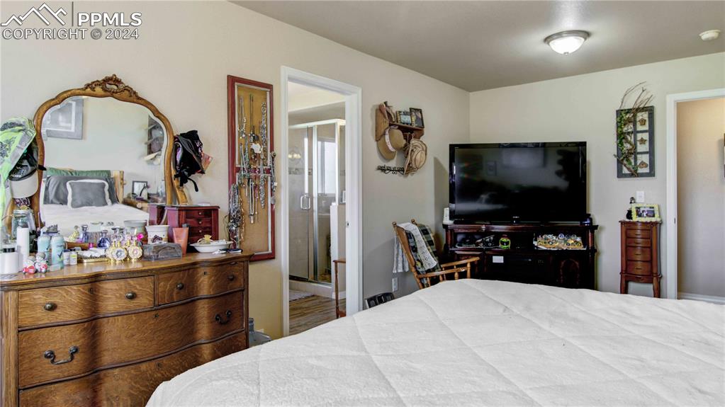 38115 Gieck Road Rush, CO 80833 - Photo 21 of 46 a bedroom with a bed and a flat screen tv in it