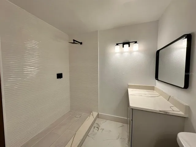 a bathroom with a sink a toilet and mirror