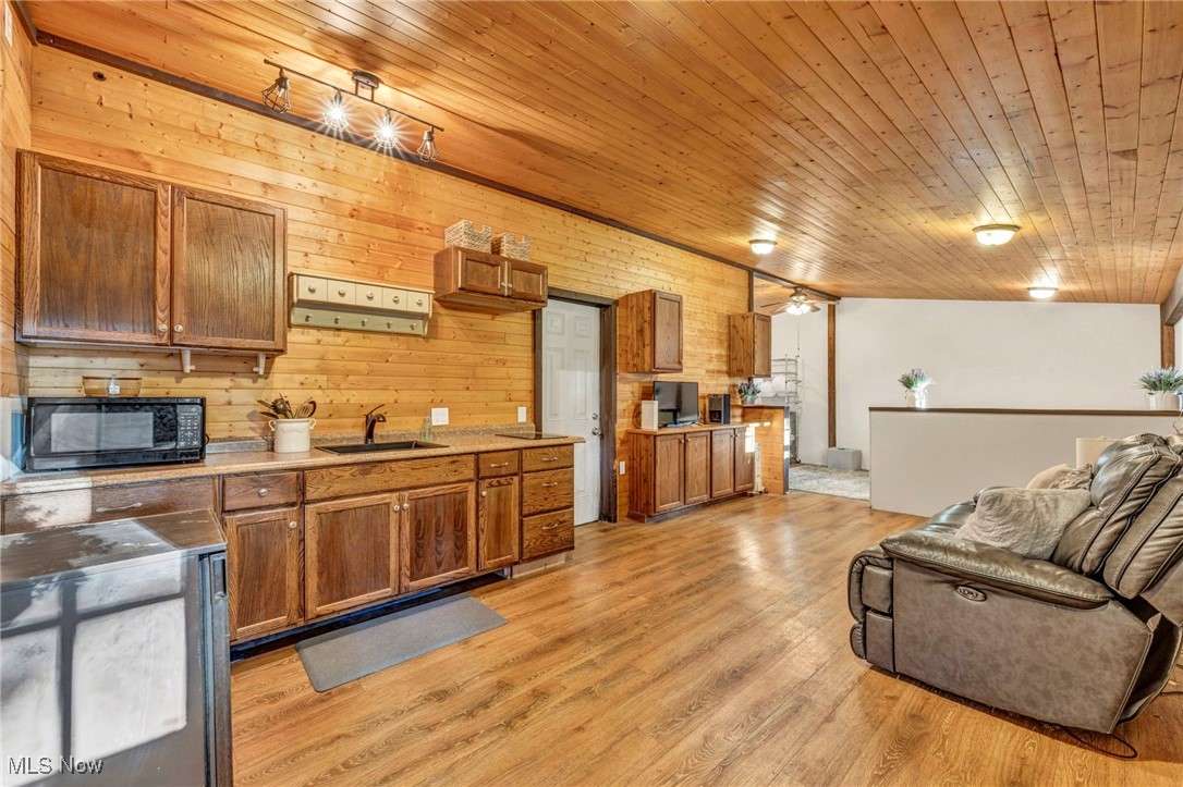 14902 Kneisel Road Vermilion, OH 44089 - Photo 34 of 49 inlaw suite featuring light wood-type flooring, wooden walls, sink, and wooden ceiling