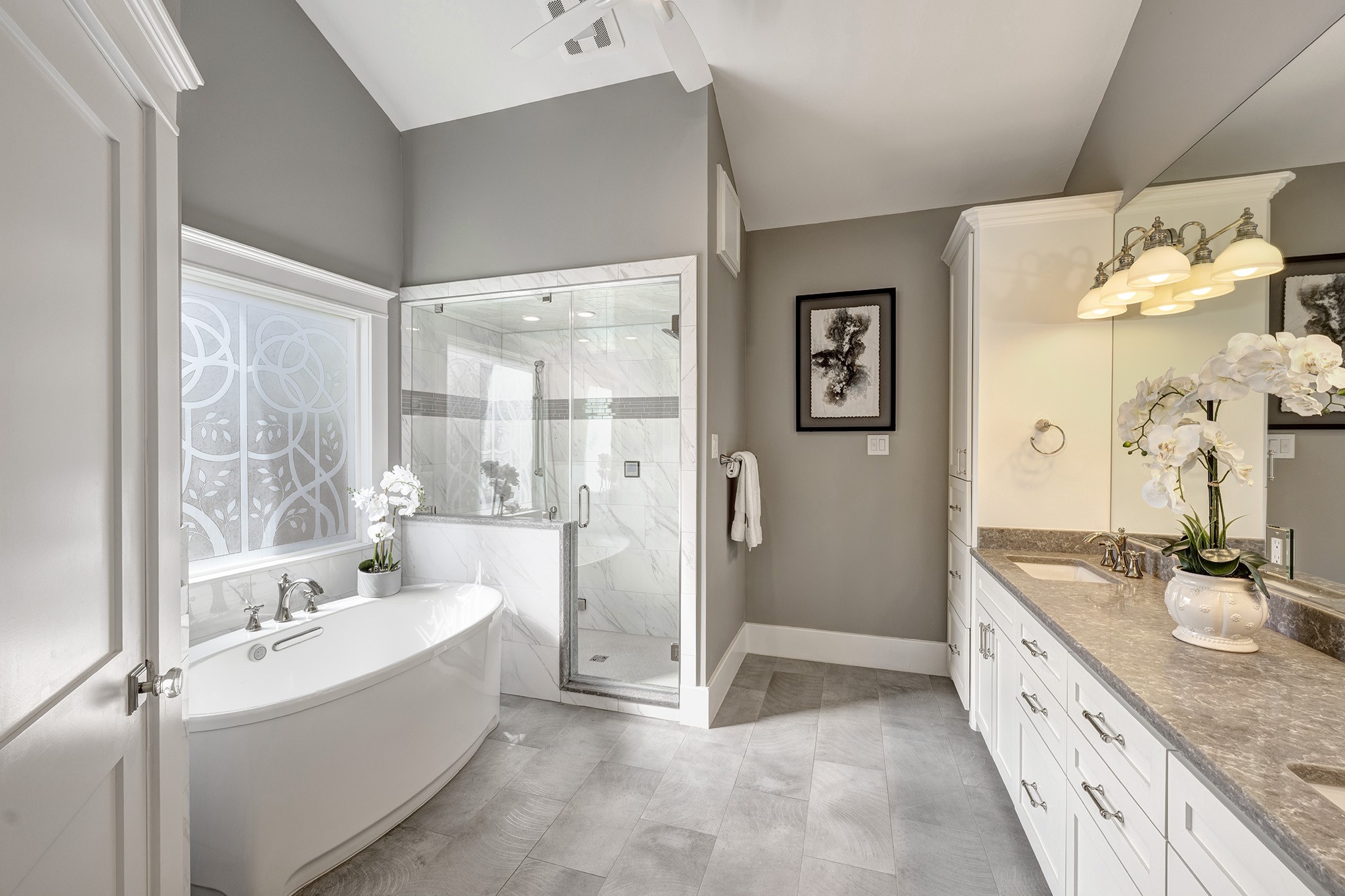 1314 Harvard Street Houston, TX 77008 - Photo 14 of 36 a large bathroom with a granite countertop tub sink a mirror and a shower