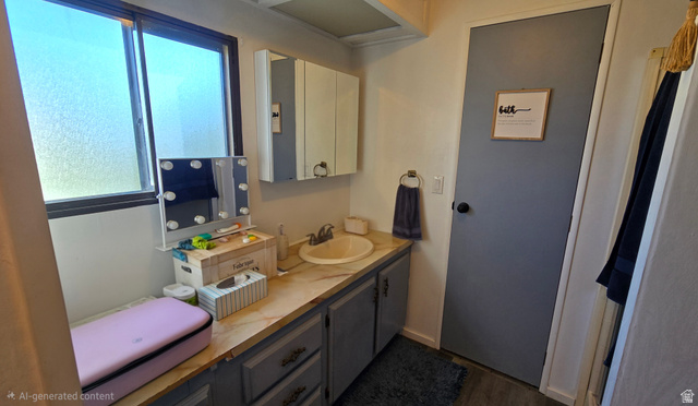 1500 Angel Street North, Unit 53 Layton, UT 84041 - Photo 11 of 20 Bathroom vanity featuring a single basin sink, dual-door medicine cabinet, and frosted glass windows providing natural light
