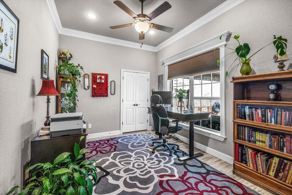 139 Stanford Lane Springtown, TX 76082 - Photo 8 of 36 Office space with ceiling fan, crown molding, and recessed lighting