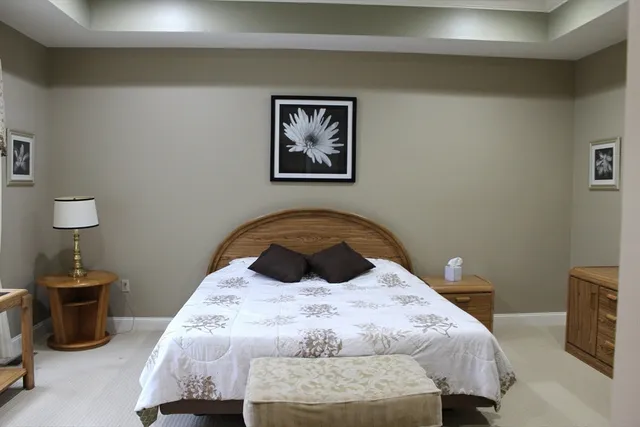 a bedroom with a bed and cupboard