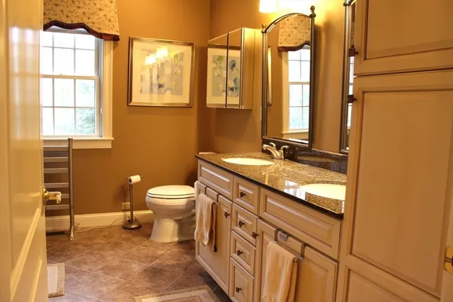 a bathroom with a granite countertop sink toilet and a mirror