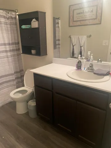 a bathroom with a toilet sink and mirror