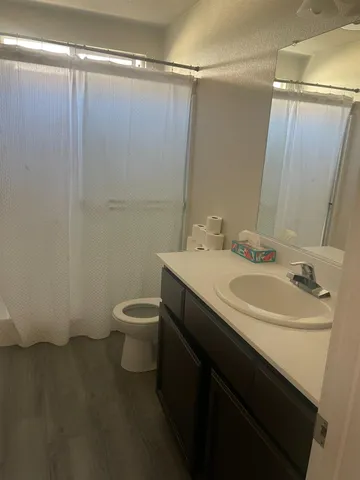 a bathroom with a sink a toilet and a mirror