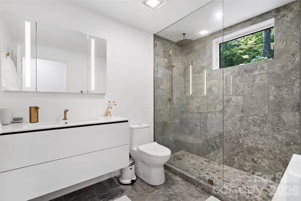a bathroom with a sink a toilet and shower
