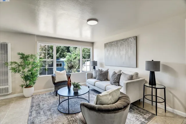 a living room with furniture potted plant and a large window
