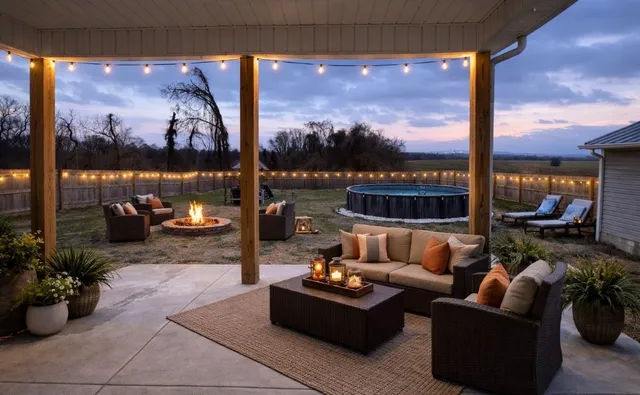 a balcony with couch potted plant and outdoor view