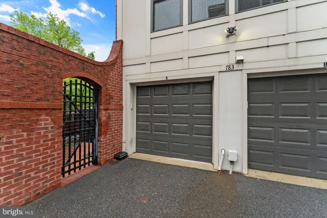 a view of a garage with stairs