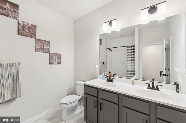 a bathroom with a double vanity sink toilet and a mirror