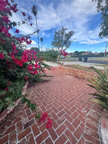 a view of a street with flower plants