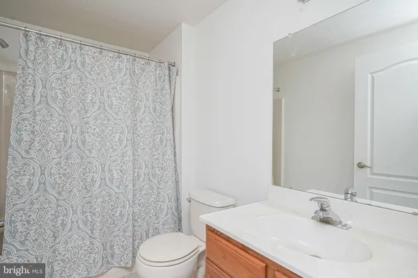 a bathroom with a sink a toilet and shower curtain
