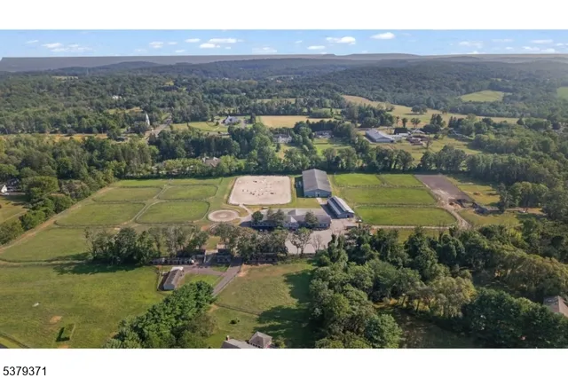 an aerial view of residential houses with outdoor space and trees