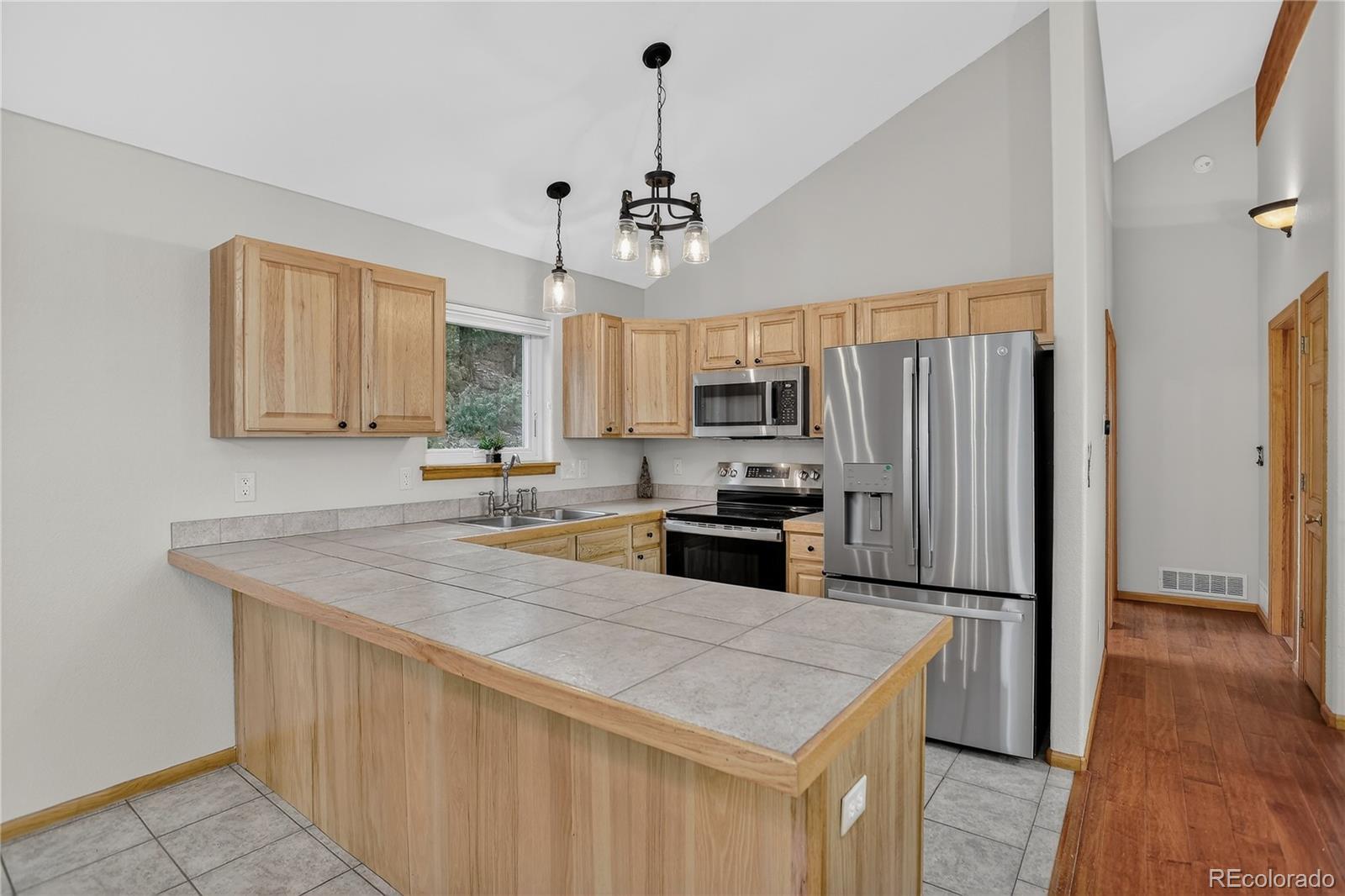 261 Mt Bailey Drive Bailey, CO 80421 - Photo 8 of 28 a kitchen with stainless steel appliances a sink stove refrigerator and cabinets