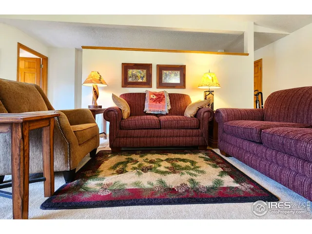 a living room with furniture rug and a window