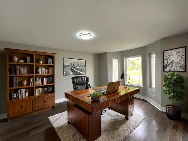 a living room with furniture and book shelf