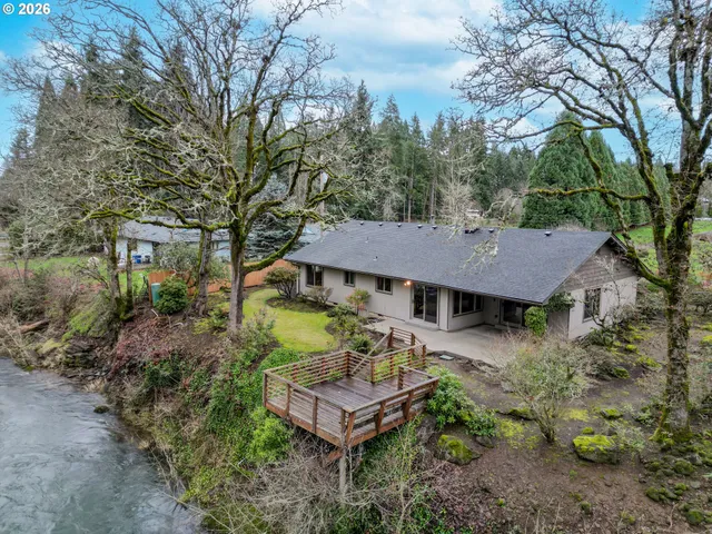 a view of a dry yard with trees in the background