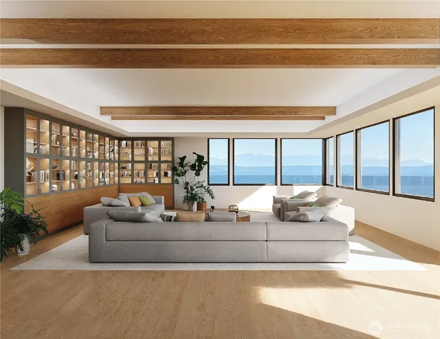 a living room with furniture and a large window with outer view