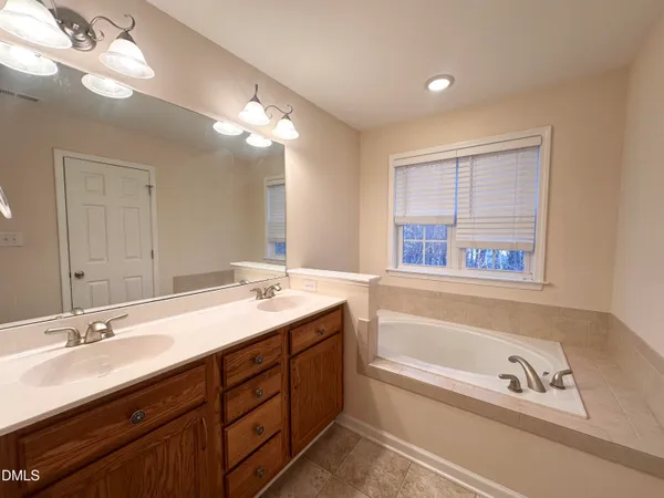 a bathroom with a tub double sink and a mirror