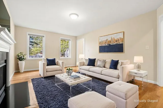 a living room with furniture or couch and a fireplace