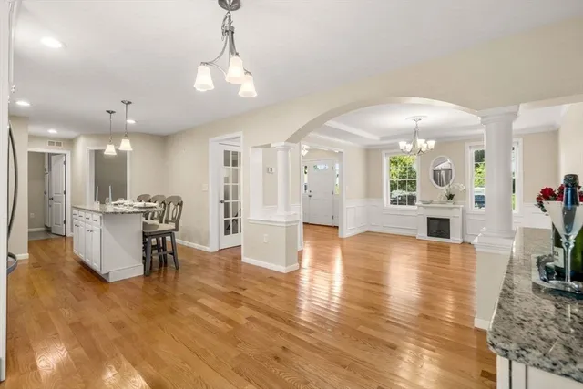 a view of a kitchen and dining room