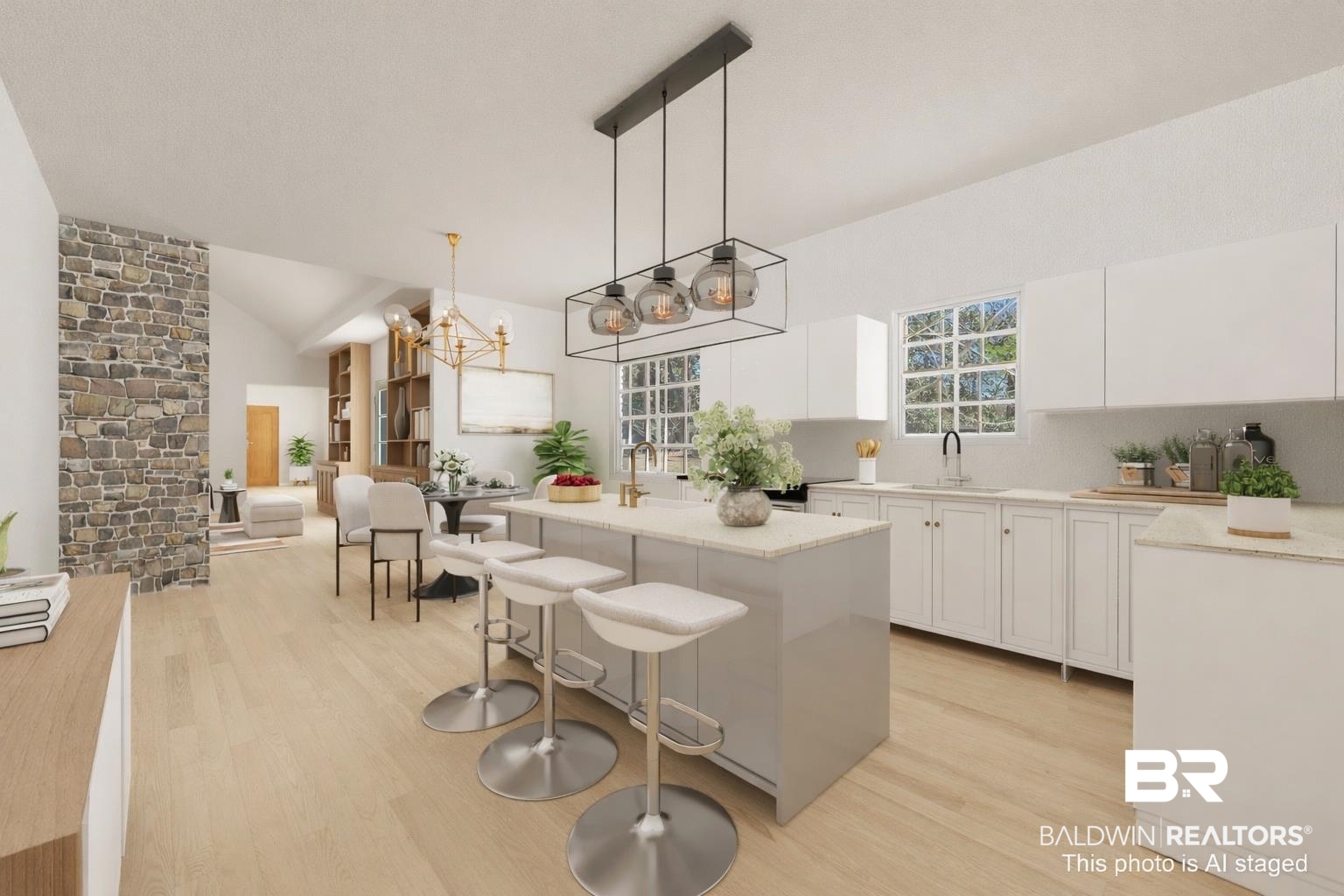 5801 South Fairfax Road Mobile, AL 36608 - Photo 11 of 29 Kitchen with a center island, light wood finished floors, a breakfast bar, white cabinets, and vaulted ceiling