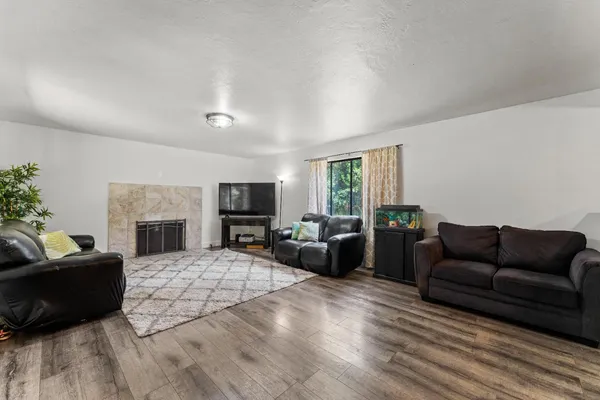 a living room with furniture a fireplace a flat screen tv and potted plant