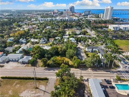 a view of a city with an outdoor seating