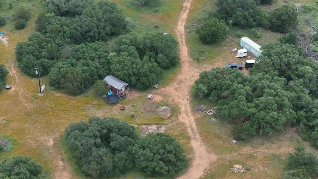 an aerial view of a house with a yard and covered with trees