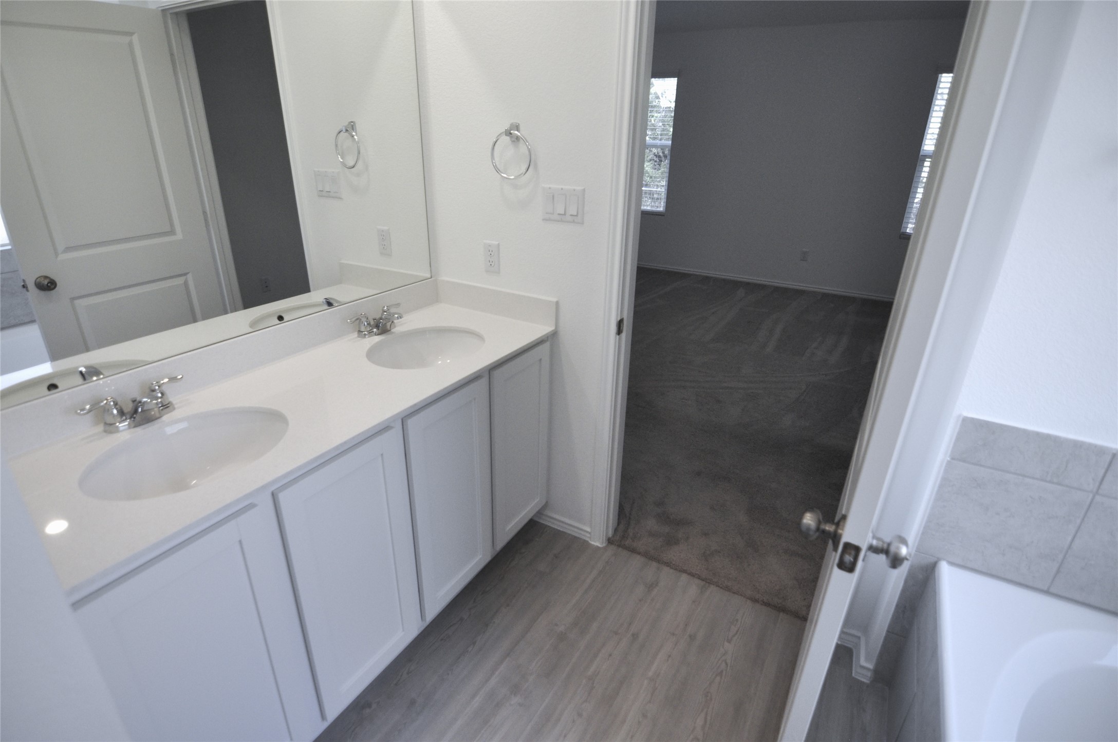 1537 Chapel Ranch Road Georgetown, TX 78628 - Photo 17 of 25 Bathroom featuring double vanity, light colored carpet, a garden tub, and light wood finished floors