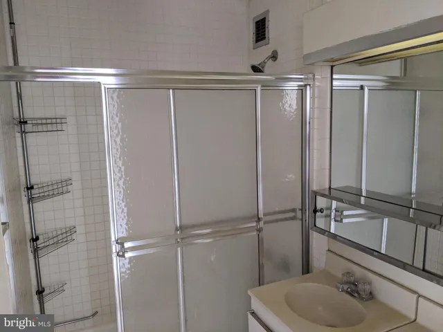 a bathroom with a shower and a sink