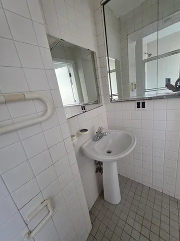 a bathroom with a sink a toilet and mirror