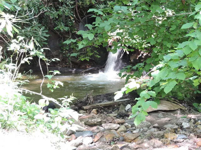 a view of a wooden house with large trees
