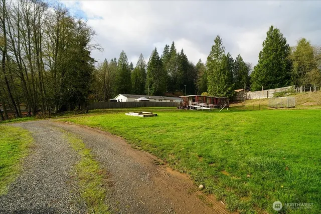 a view of a swimming pool with a yard