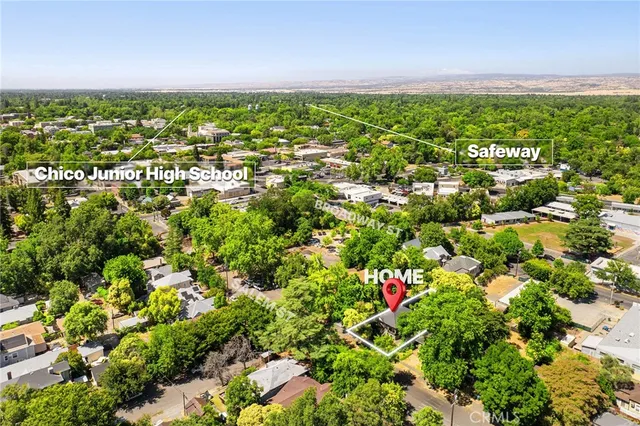 an aerial view of residential houses with outdoor space and trees