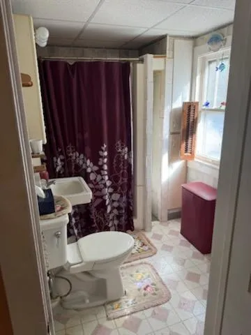 a bathroom with a sink a toilet a mirror and shower