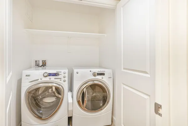 a living room with a rug and a potted plant